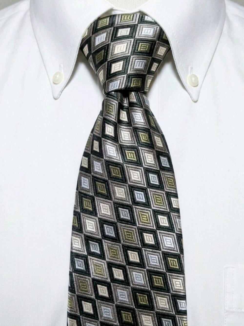 JOHN W NORDSTROM ITALY Vtg Y2K Woven Silk Tie Luxurious Jacquard Peridot Diamond